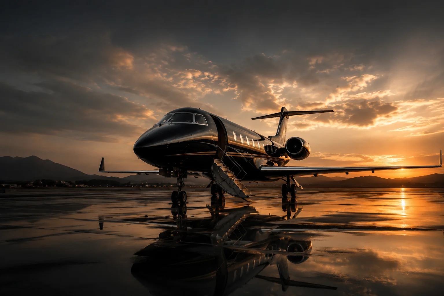 Jet privato sulla pista al tramonto — Private Jet Royalty