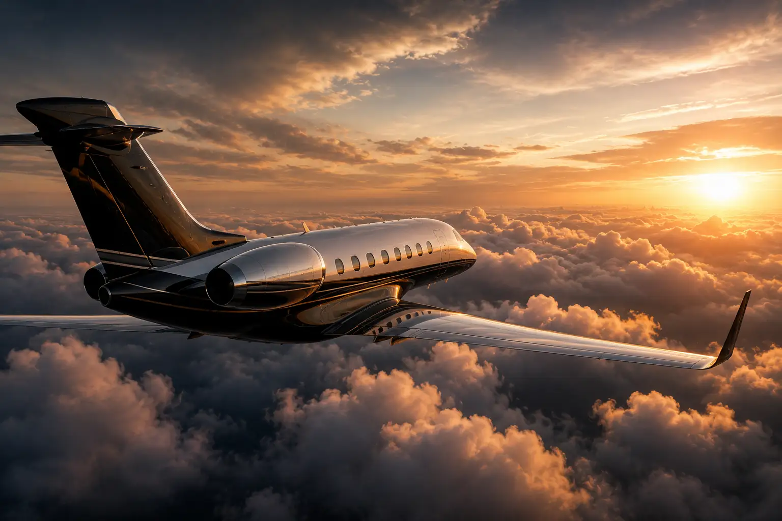Jet privato in volo sopra le nuvole al tramonto — Voli Empty Leg Private Jet Royalty